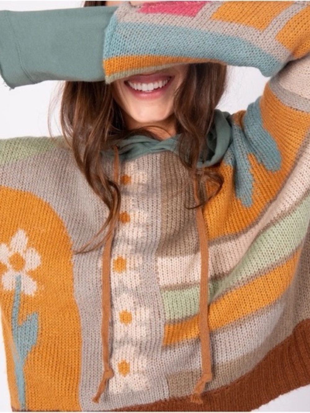 Natural Life S/M Boho Patchwork Knit Hoodie Sweater Floral Butterfly NWT